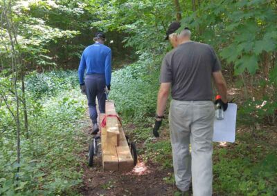 Green Durham Association - Image of Trail Volunteers towing wood to trail location.