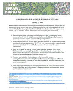 Image of Green Durham Association's Joint Submission to the Auditor General of Ontario - page of of pdf.