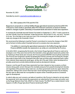 Green Durham Association - Response to Duffins Rouge agricultural easement protection and to return lands to greenbelt - pdf image